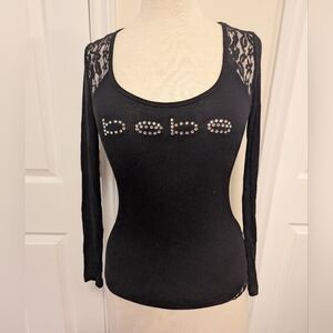 Bebe Black Lace Long Sleeve Tee with Studded Logo